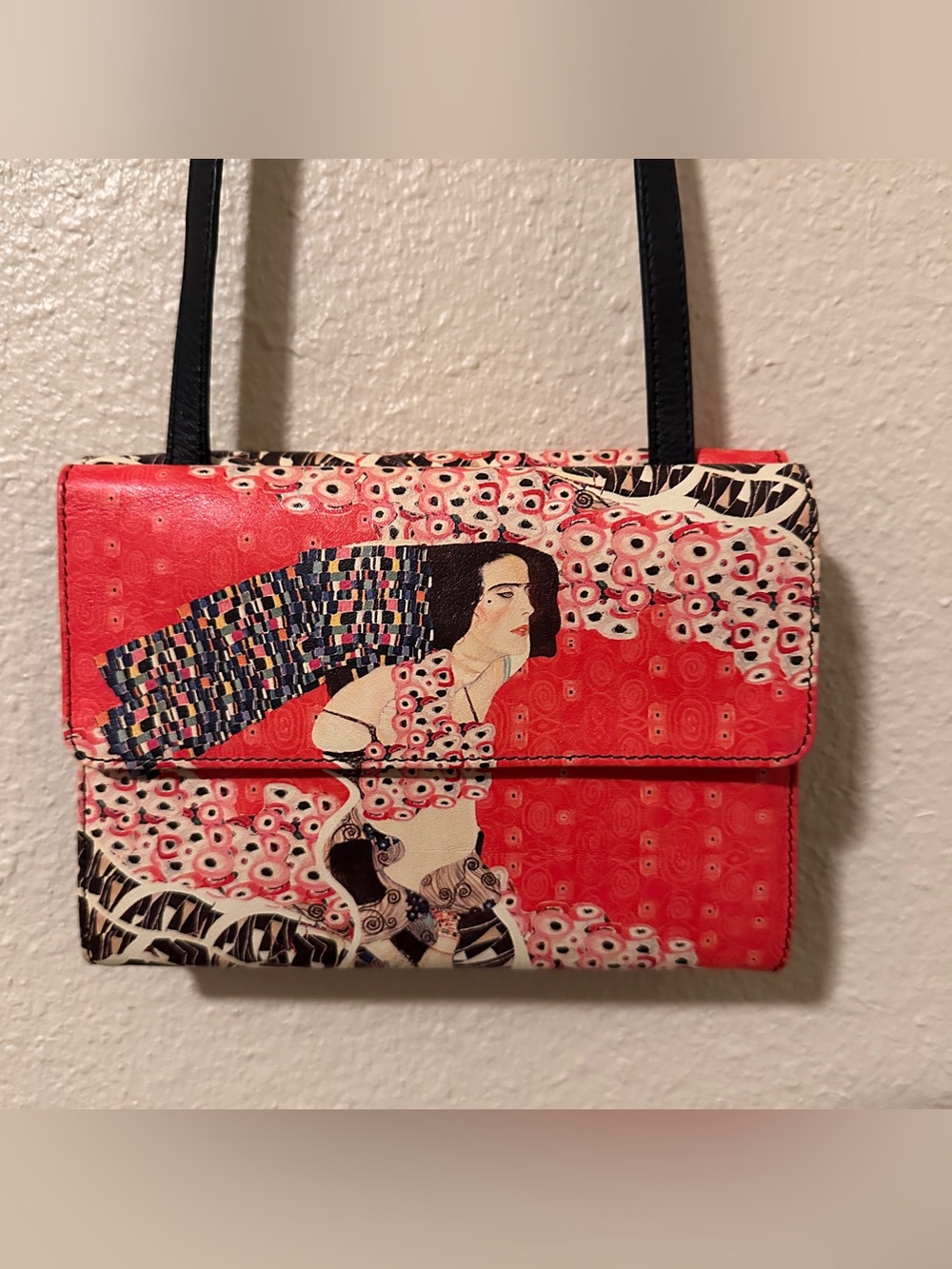 Icon Los Angeles Klimt Art Print Leather Crossbody Wallet Red Genuine Leather